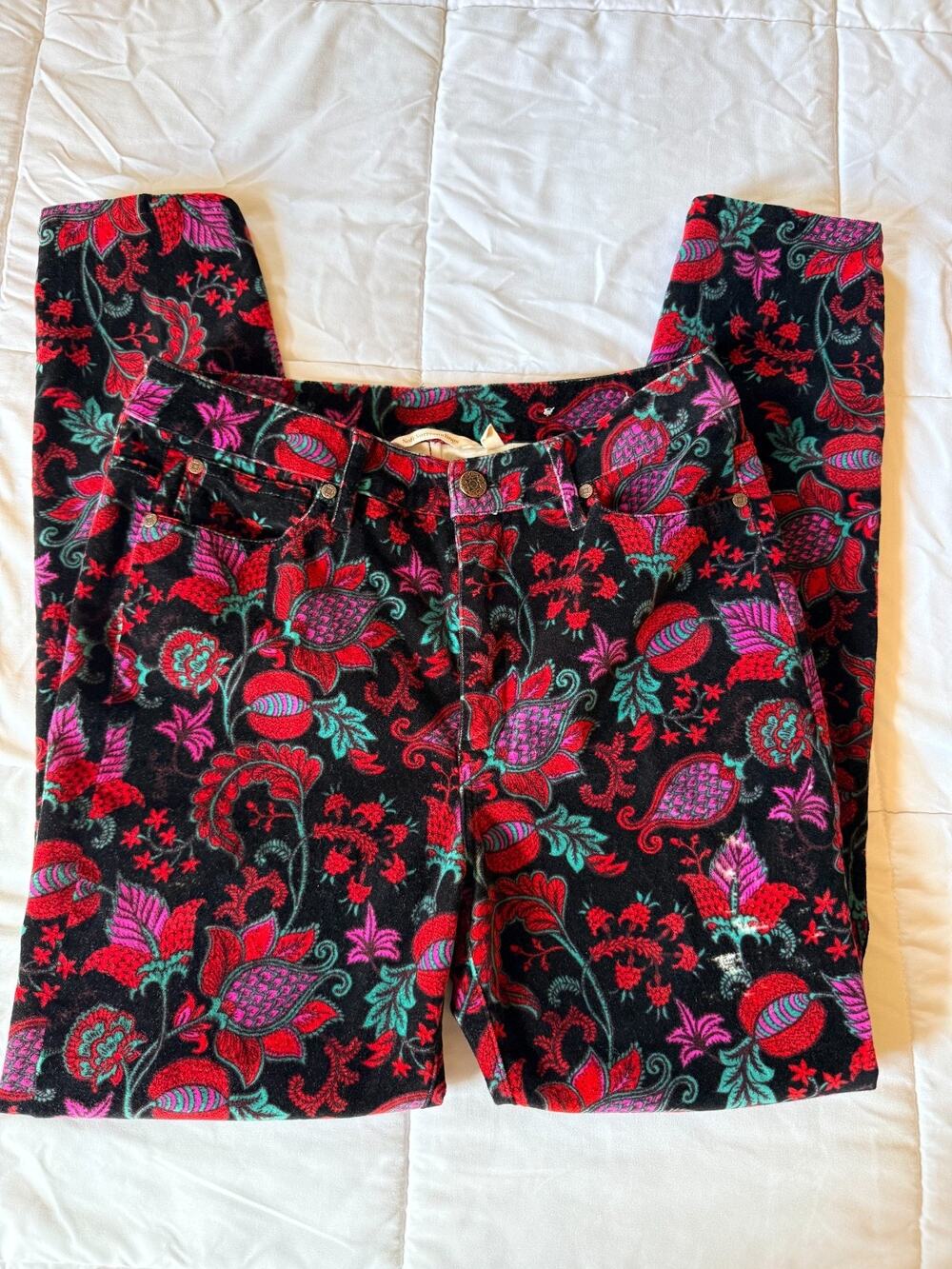 Soft Surroundings Womens Size 6 Velvet Floral Pants Black Red Teal Boho Straight
